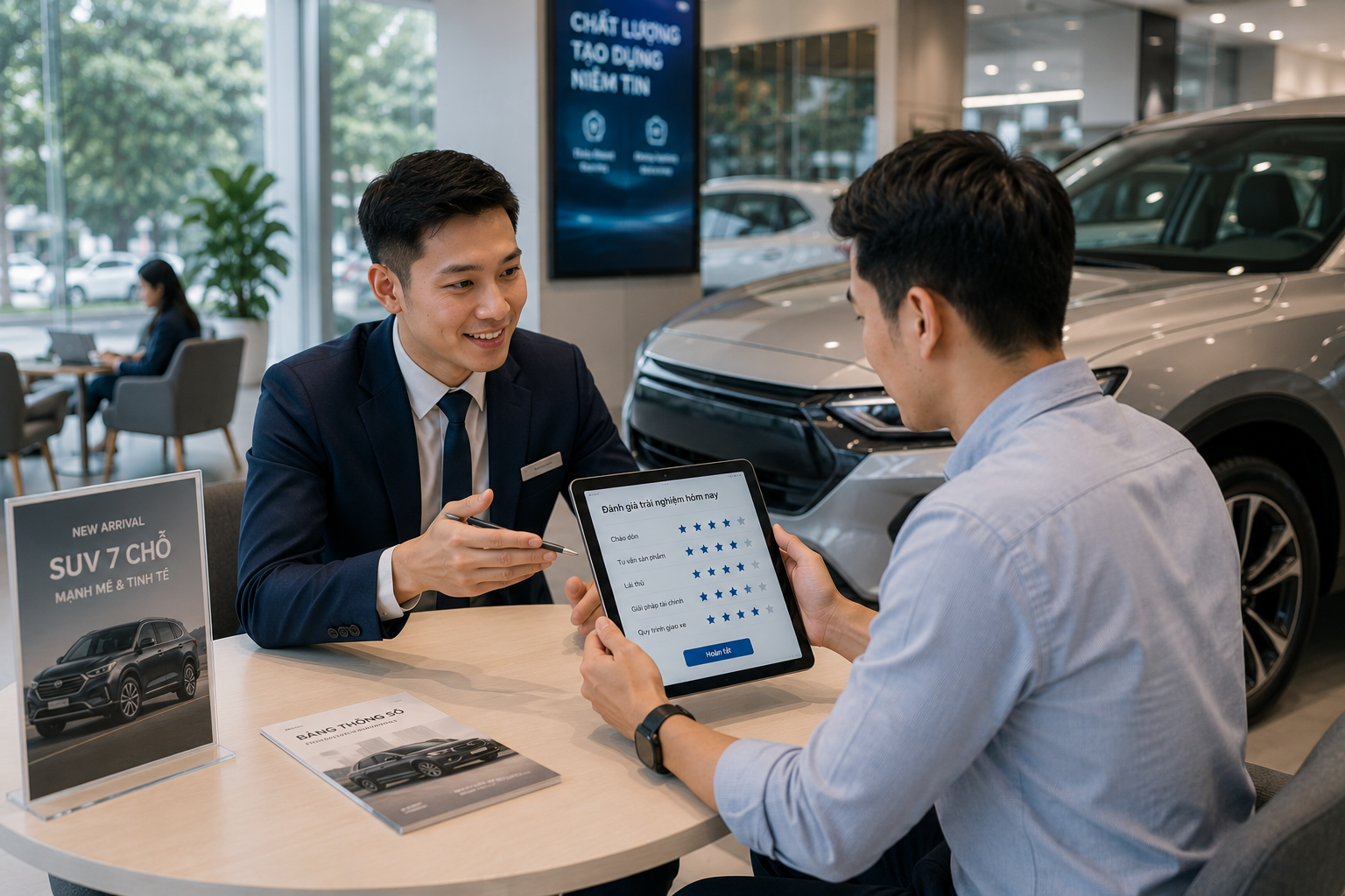 Researcher checks service at automotive showroom